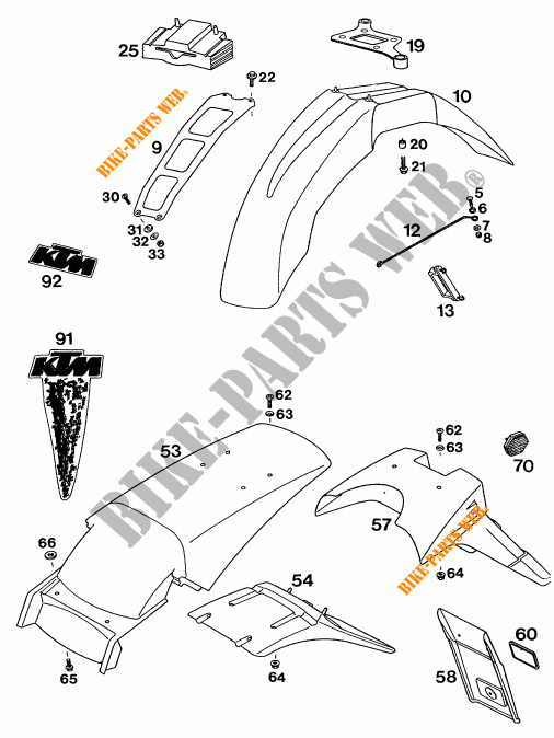 PLASTIQUES pour KTM 350 EXC-F 20KW/SUP.COM de 1994
