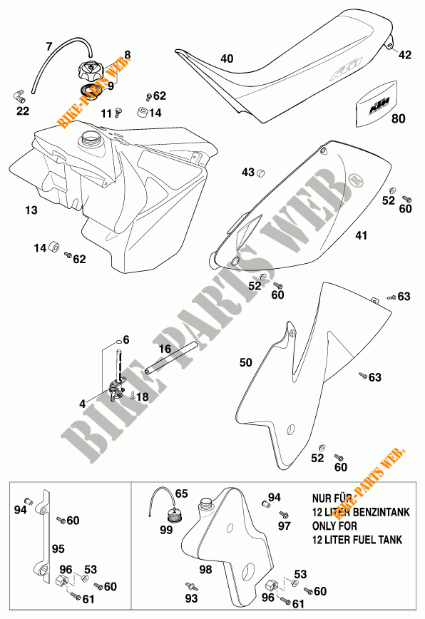 RESERVOIR / SELLE pour KTM 250 EXC 12LT de 1999