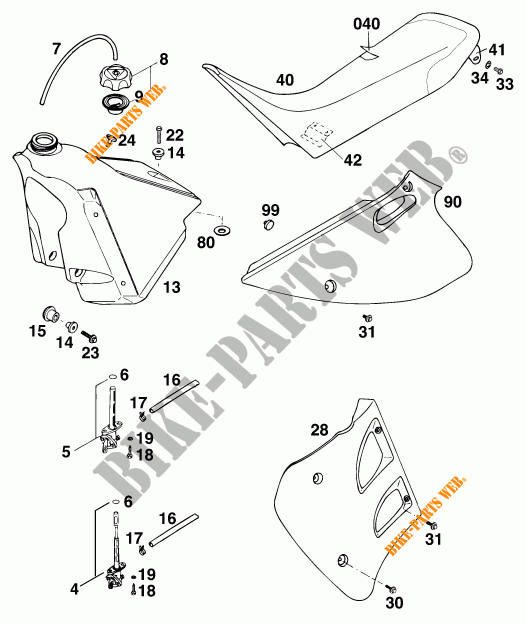 RESERVOIR / SELLE pour KTM 125 SX MARZOCCHI/OHLINS de 1995