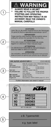 ETIQUETTES INFORMATIONS TECHNIQUES KTM MOTO 1290 2021 SUPER ADVENTURE  1290 SUPER ADVENTURE S ORANGE